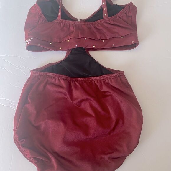 Kelle custom solo rhinestone 2 piece style leotard Dance Costume burgundy red MA - Picture 6 of 11